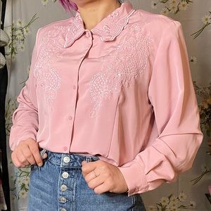 90s Blair light dusty pink floral Victorian style embroidered Secretary blouse